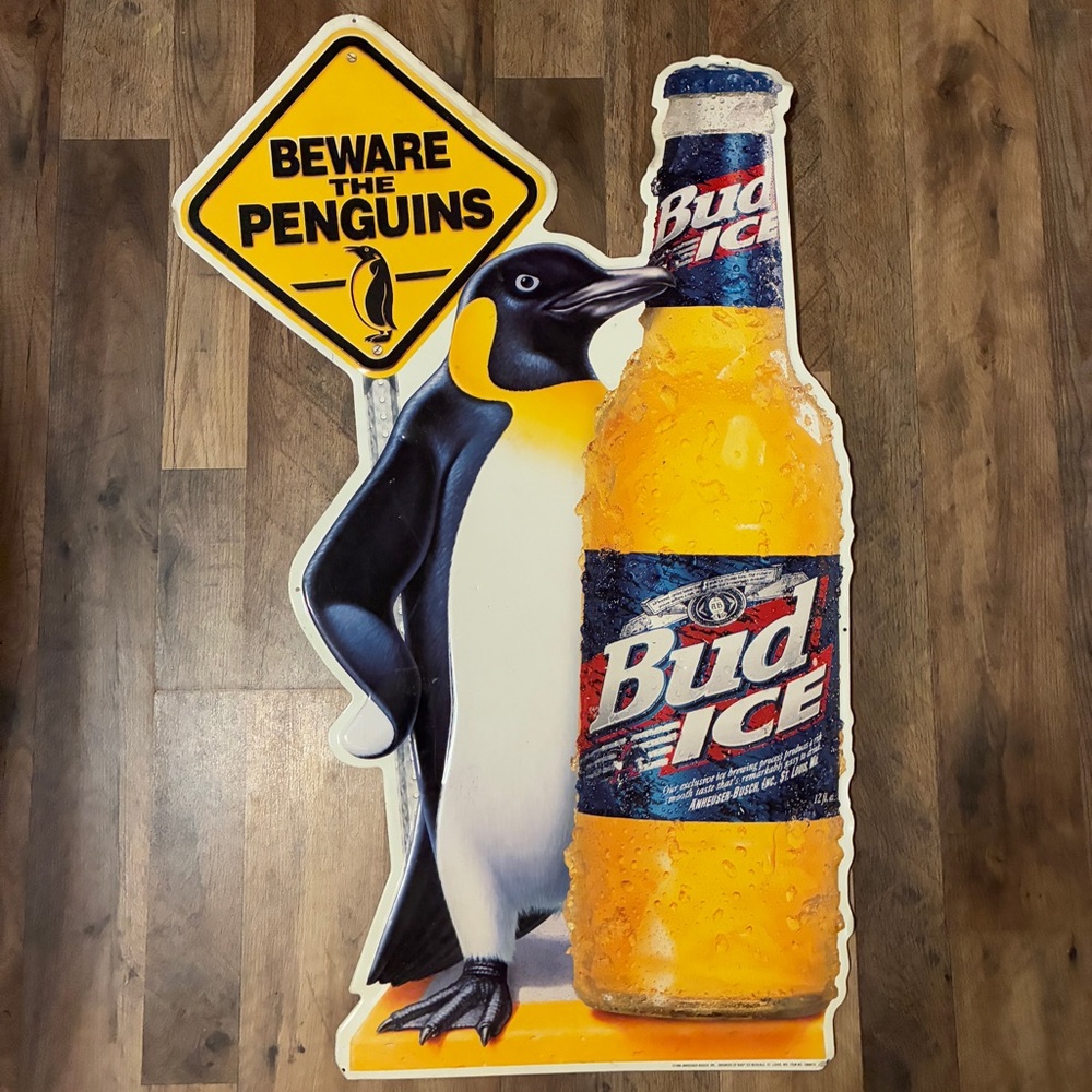 Bud Ice Beer Beware The Penguins Metal Tin Sign 37 x 20 Beer Mancave 1996